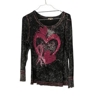 One World Women's Black Sheer Graphic Long Sleeve Top w/ Camisole L